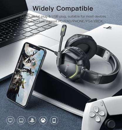 Headphones with a smartphone, laptop, and gaming console on a gray surface with text about compatibility.