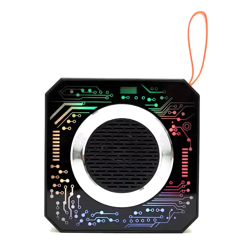Black electronic device with colorful circuit design on a white background