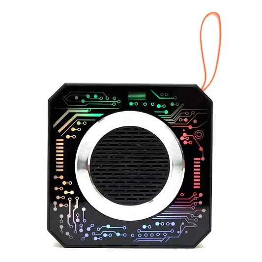 Black electronic device with colorful circuit design on a white background