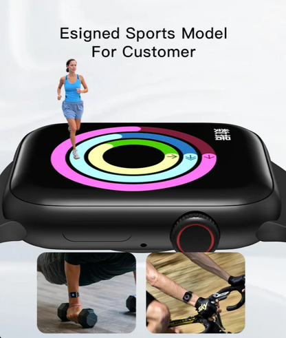 Smartwatch with colorful display and inset images of a person exercising.