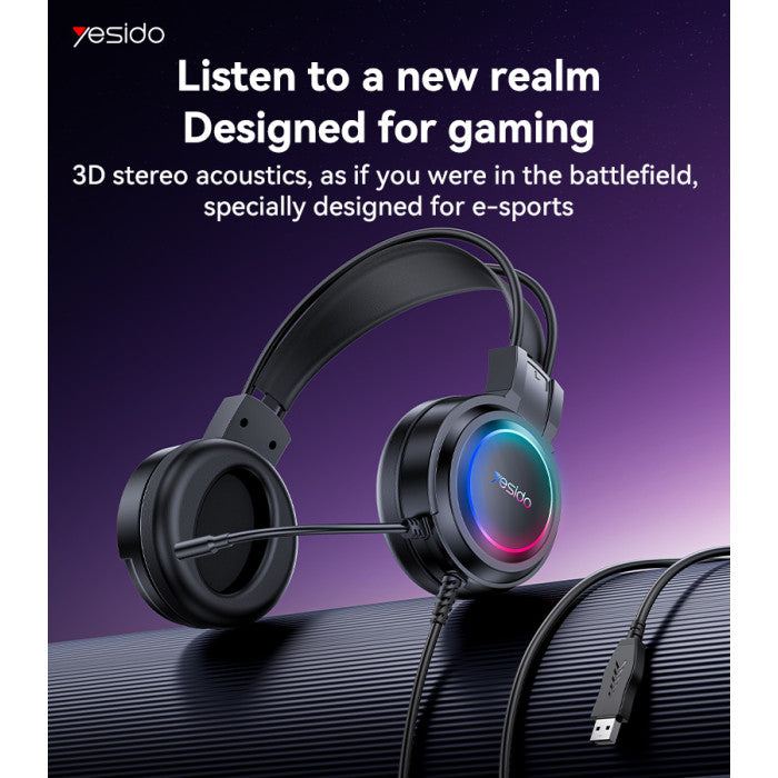 Black gaming headset with colorful lighting on a purple background, featuring Yesido branding.