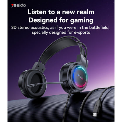 Black gaming headset with colorful lighting on a purple background, featuring Yesido branding.