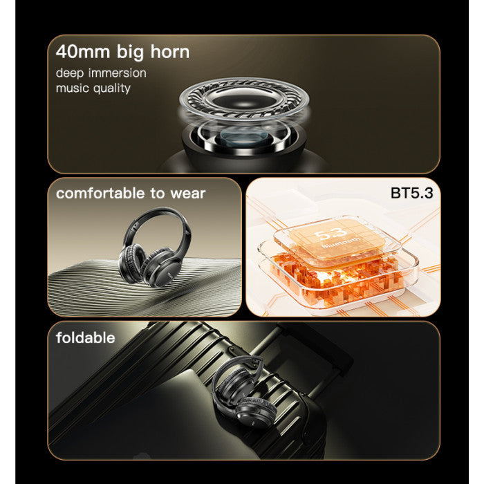 Product features including a 40mm big horn, deep immersion music quality, comfortable wear, BT5.3 compatibility, and foldable design.