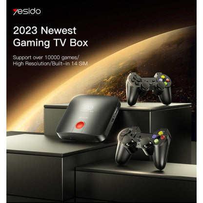 2023 Newest Gaming TV Box with controllers on a dark background