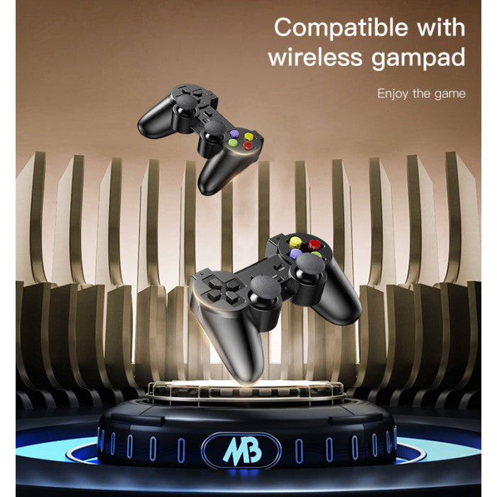 Two gaming controllers on a stand with text about wireless compatibility against a brown background