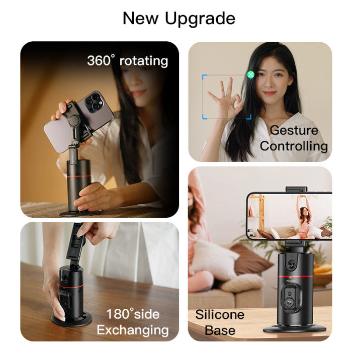 Product collage showcasing 360-degree rotation, gesture control, side exchangeability, and silicone base features.