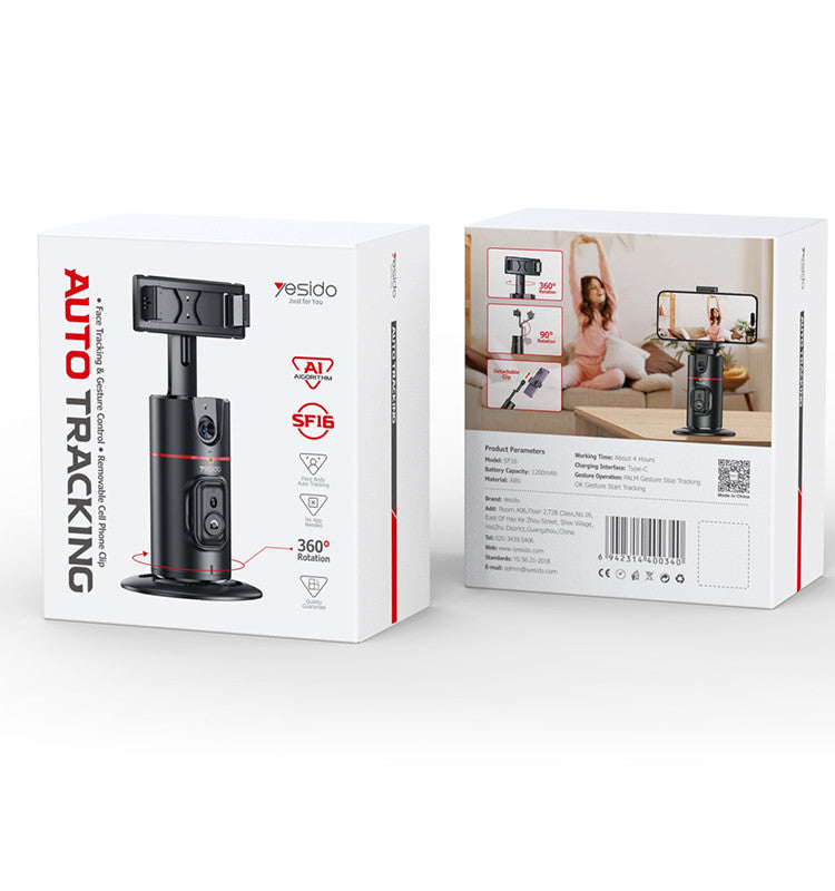 Product packaging with 'Auto Tracking' text and smartphone holder on a white background