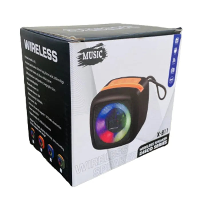 Box packaging of a wireless music device with colorful LED lights on a white background