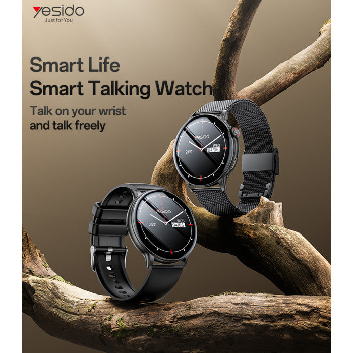 Two black smart talking watches on a branch with 'yesido' branding and text.