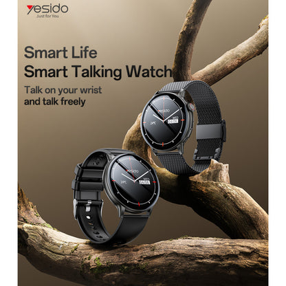 Two black smart talking watches on a branch with 'yesido' branding and text.