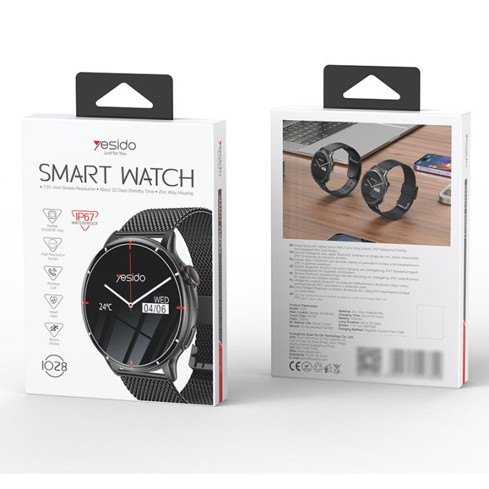 Smart watch packaging with a black smart watch on a white background