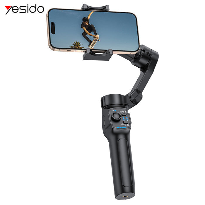 Black smartphone gimbal with a phone displaying a person skateboarding, on a white background.