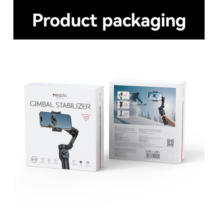 Product packaging of a gimbal stabilizer with front and back views on a white background.