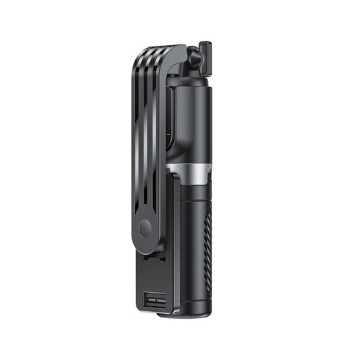 Black selfie stick with phone holder on a white background