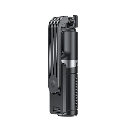 Black selfie stick with phone holder on a white background