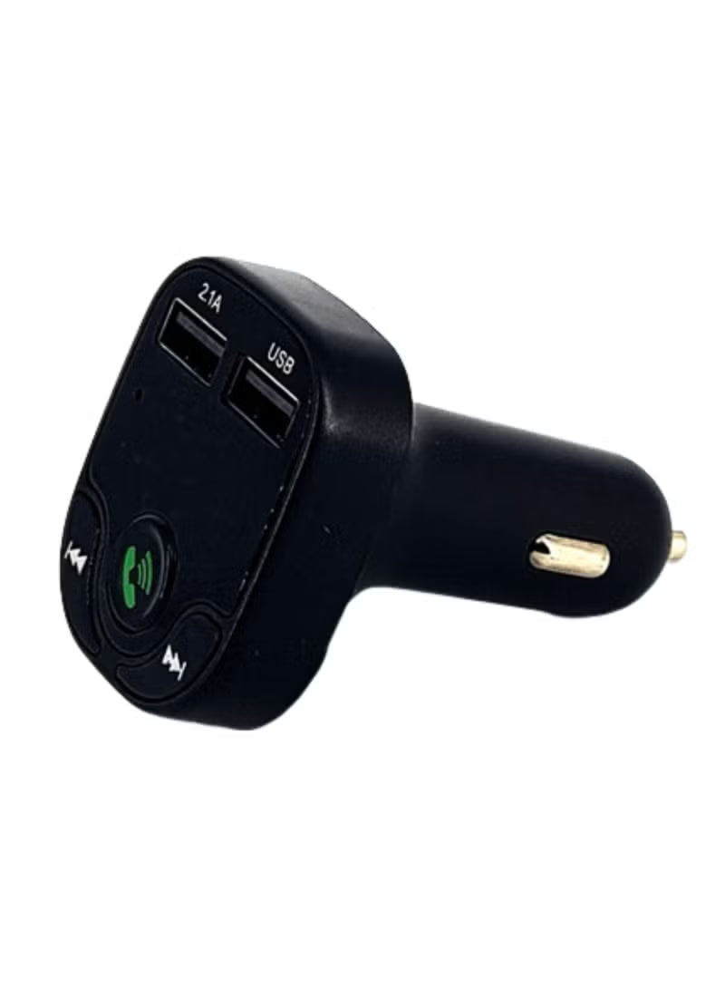 Black car charger with USB ports and Bluetooth controls on a white background