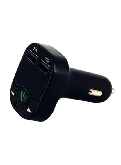 Black car charger with USB ports and Bluetooth controls on a white background