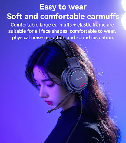 Person wearing a headset with text about soft and comfortable earmuffs on a purple background