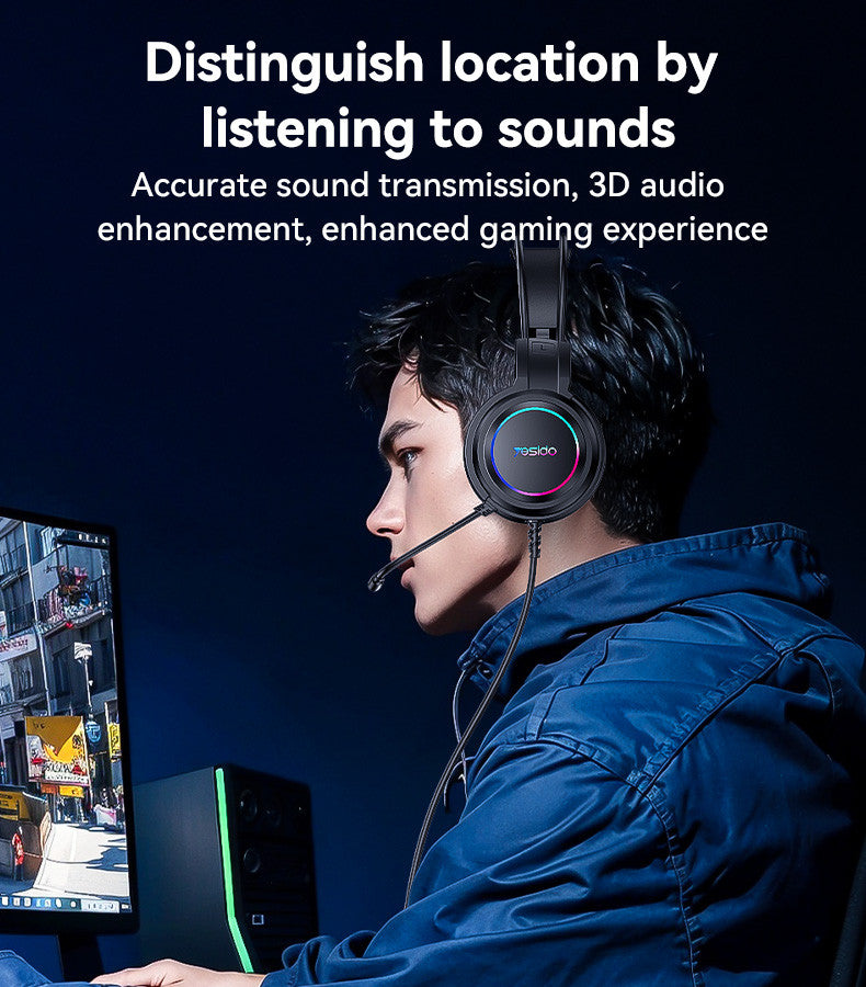 Person wearing a gaming headset with text about sound transmission and 3D audio enhancement.