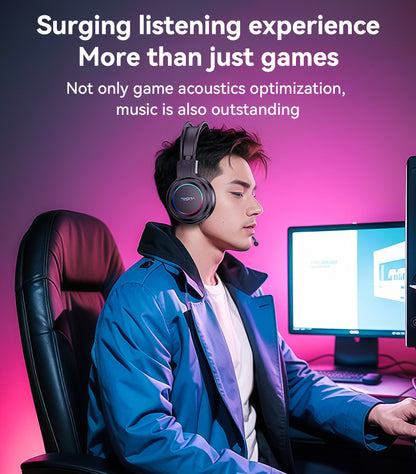 Person wearing headphones sitting in front of a computer with text about game acoustics optimization and music quality.