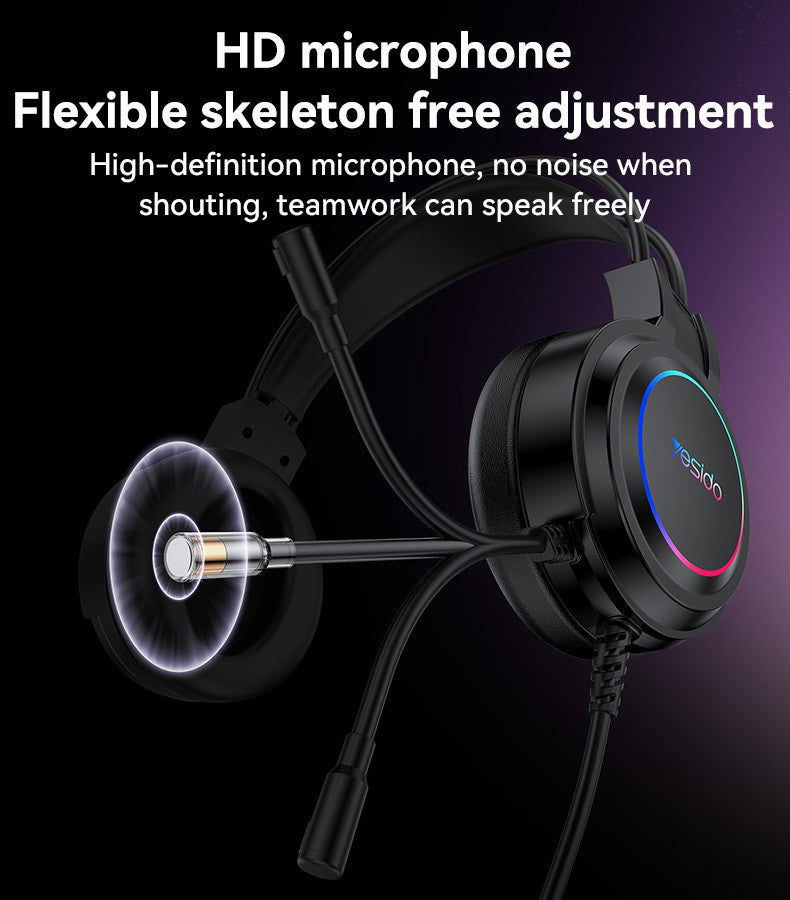 Black gaming headset with RGB lighting on a dark background, featuring text about HD microphone and flexible skeleton design.