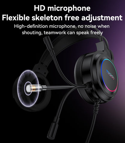 Black gaming headset with RGB lighting on a dark background, featuring text about HD microphone and flexible skeleton design.