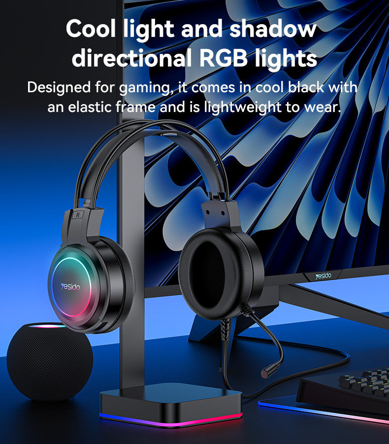 Gaming headset with RGB lighting on a desk setup, featuring text about light and shadow directional RGB lights.
