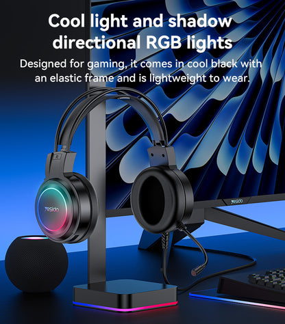 Gaming headset with RGB lighting on a desk setup, featuring text about light and shadow directional RGB lights.