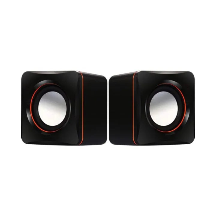 Pair of black speakers with red accents on a white background