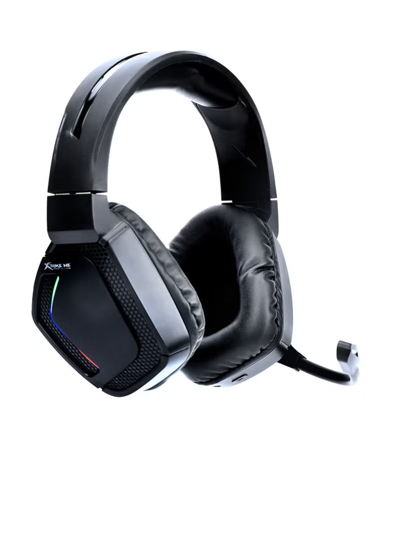 Black gaming headset with RGB lighting on a white background