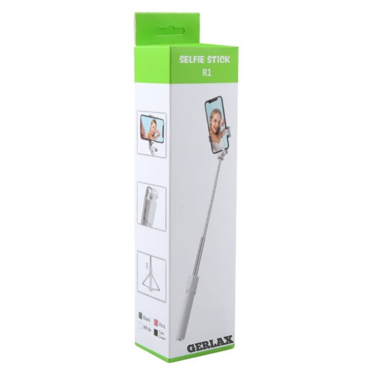 Selfie stick packaging with Gerlax branding on a white background