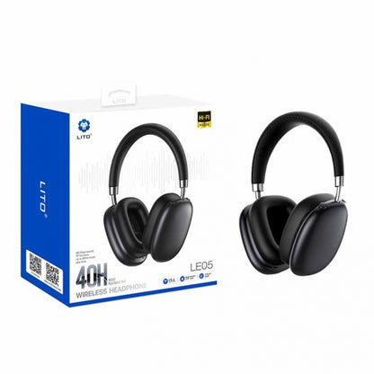 Black headphones with LITO branding on a white background