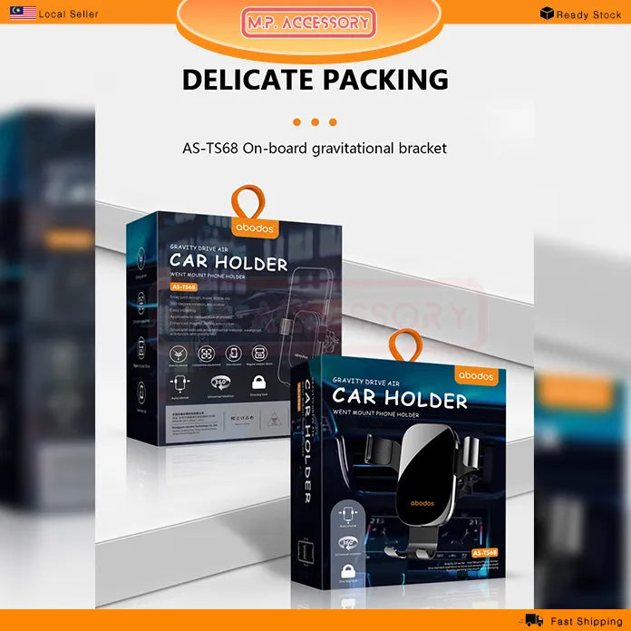 Two car holder packaging boxes with 'abodoo' branding on a reflective surface.