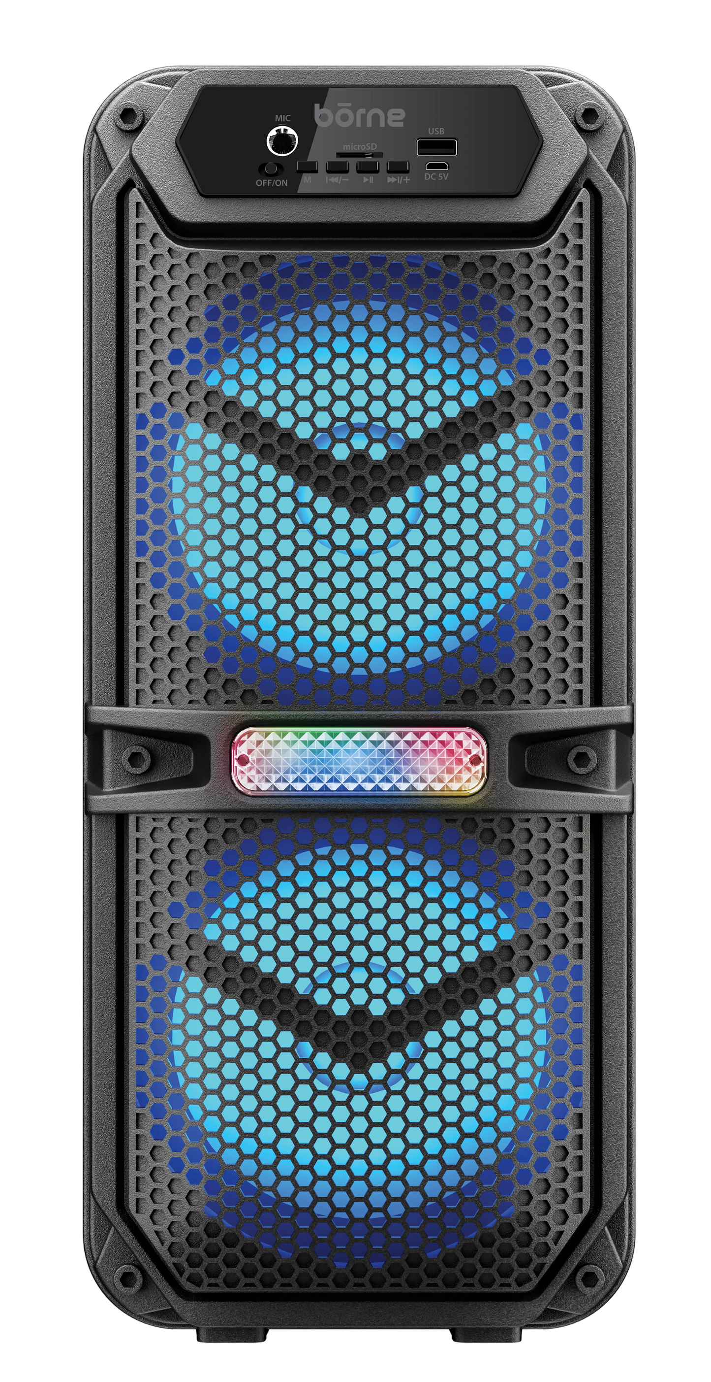 Portable sound system with blue LED lights on a white background