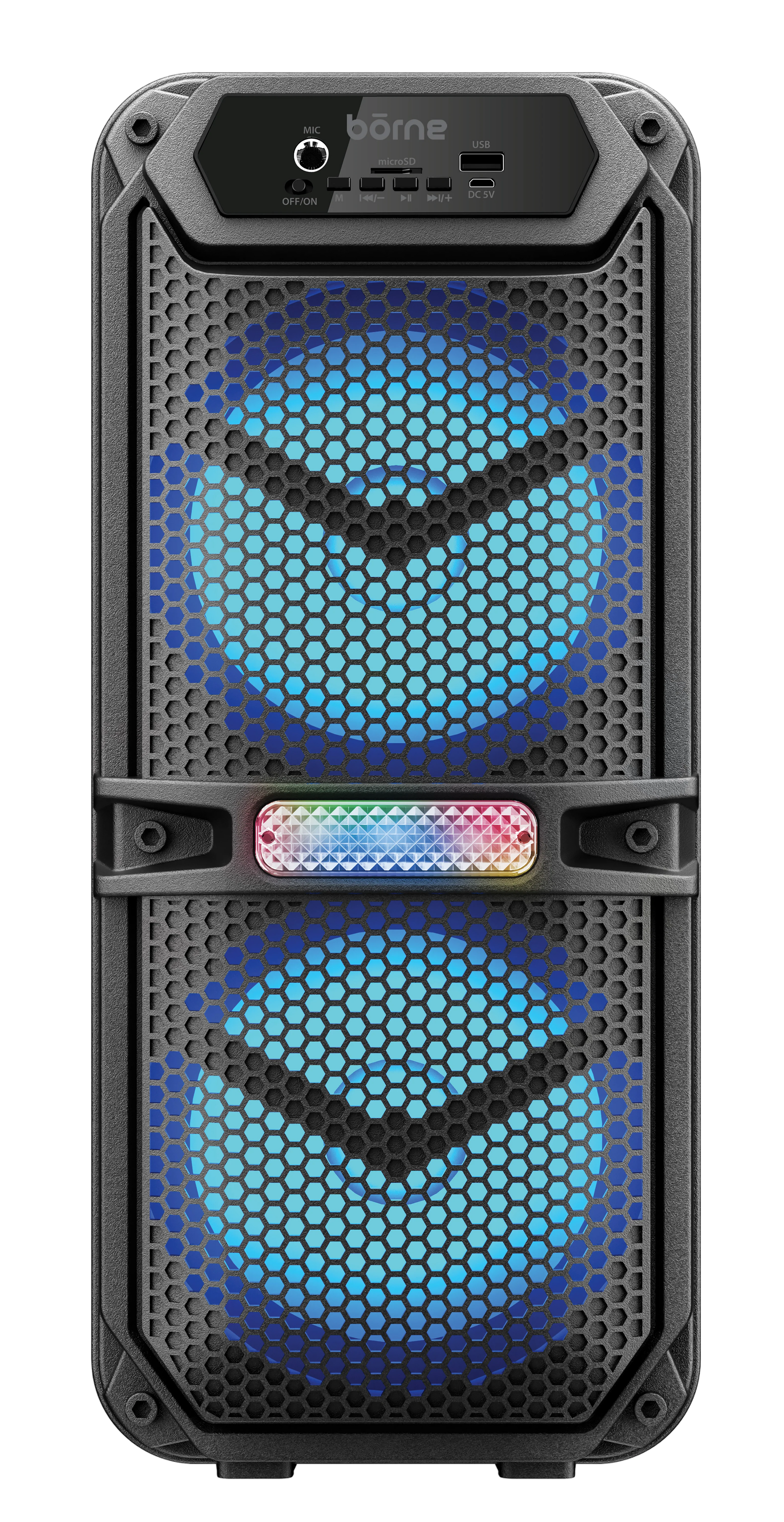 Portable sound system with blue LED lights on a white background