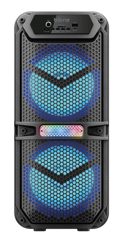 Portable sound system with blue LED lights on a white background