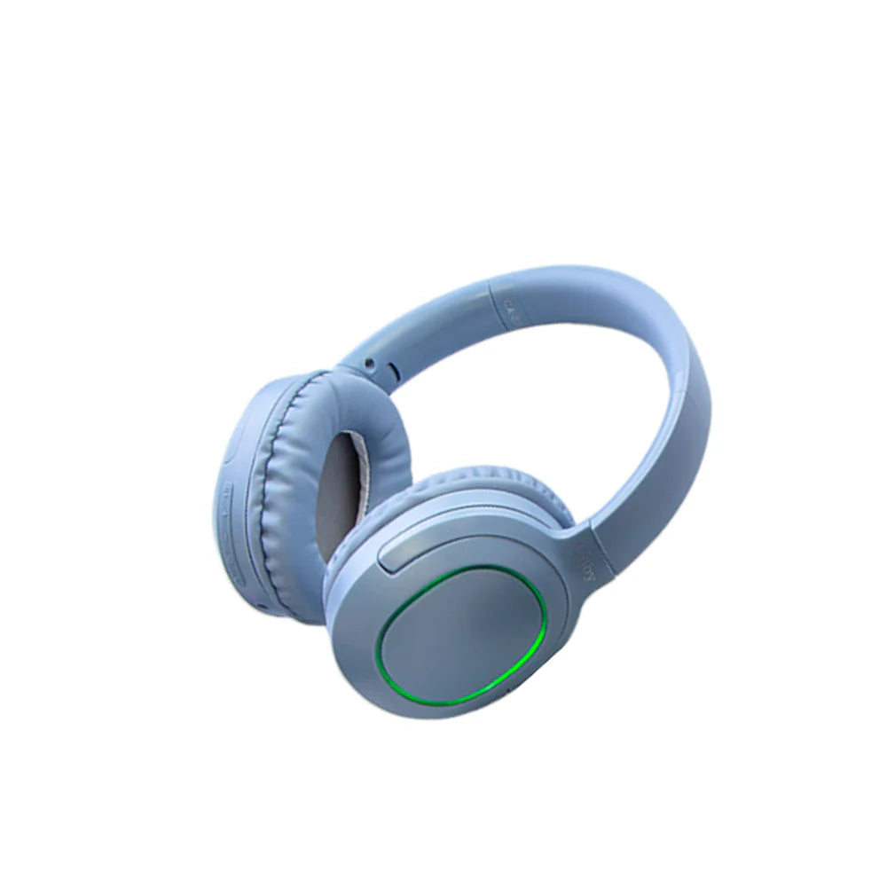 Blue headphones with a green accent on a white background