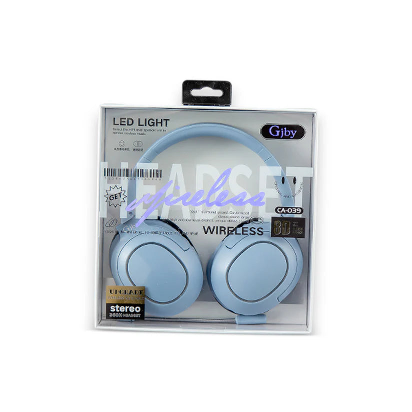 Packaged blue wireless headphones with 'Gibby' branding on a white background