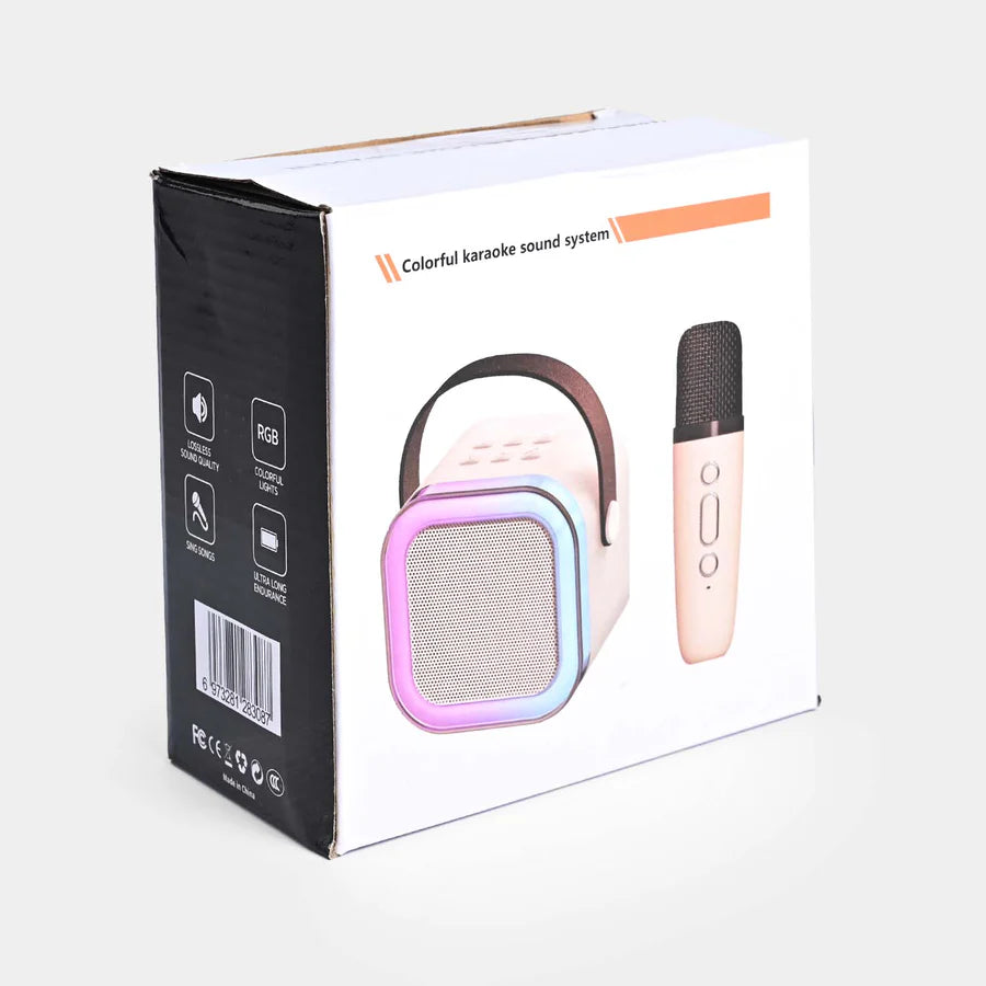 Box packaging of a colorful karaoke sound system with a microphone and speaker on a white background.