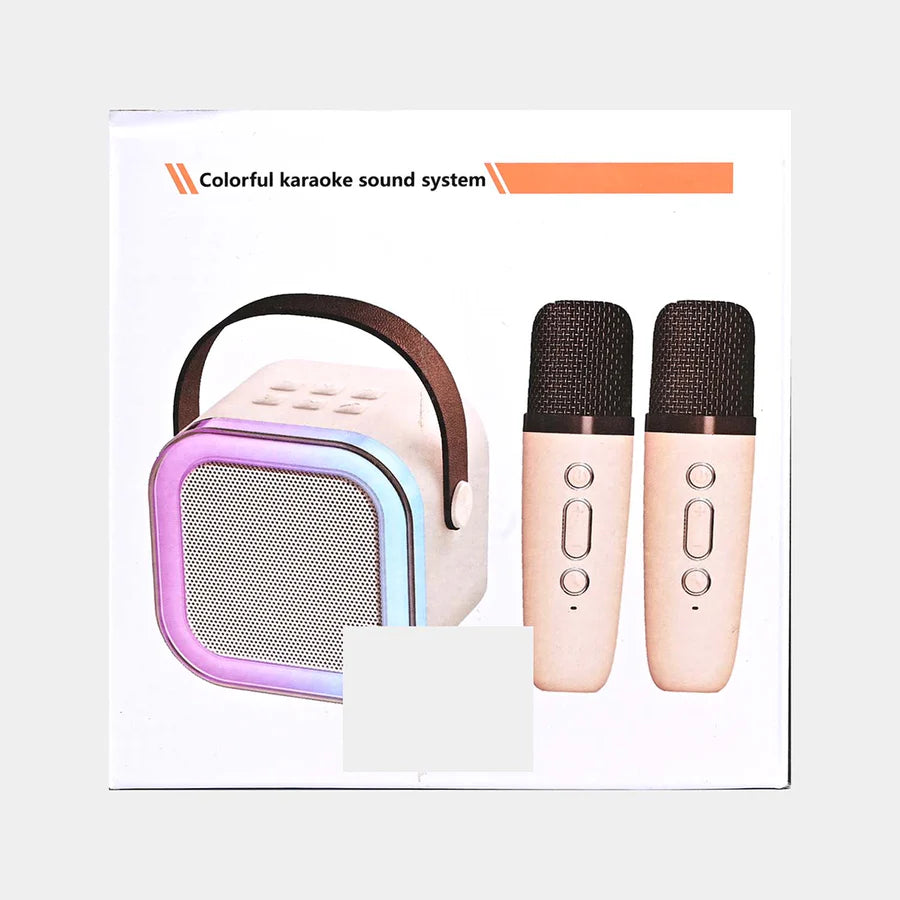 Colorful karaoke sound system with a speaker and two microphones on a white background