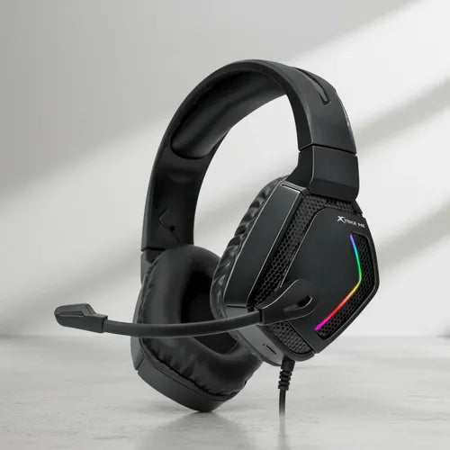 Black gaming headset with RGB lighting on a light gray background
