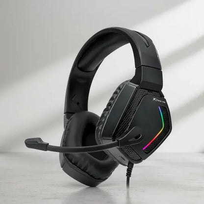 Black gaming headset with RGB lighting on a light gray background