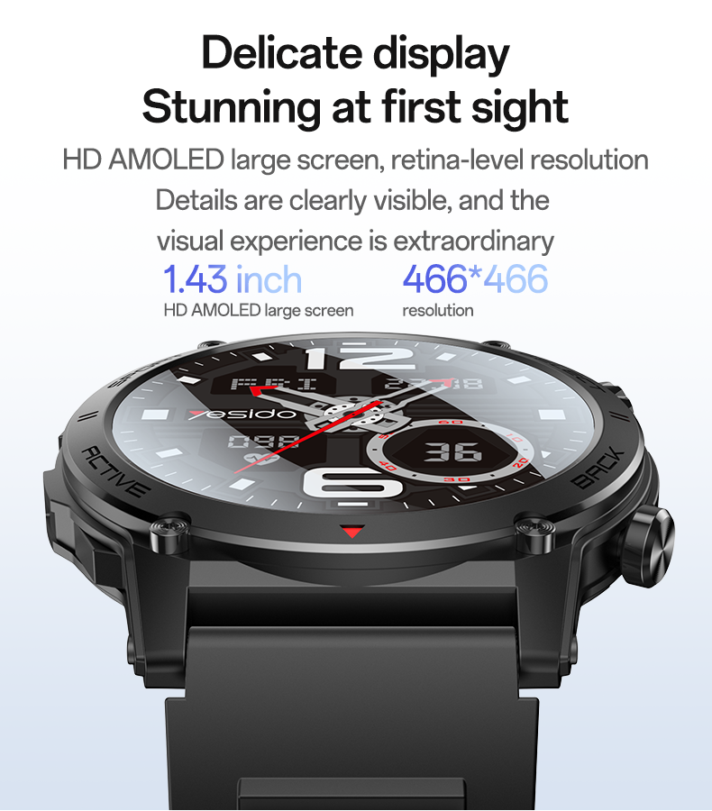 Smartwatch with a large display and detailed text about its features on a white background