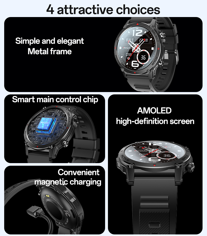Smartwatch with features highlighted on a black background