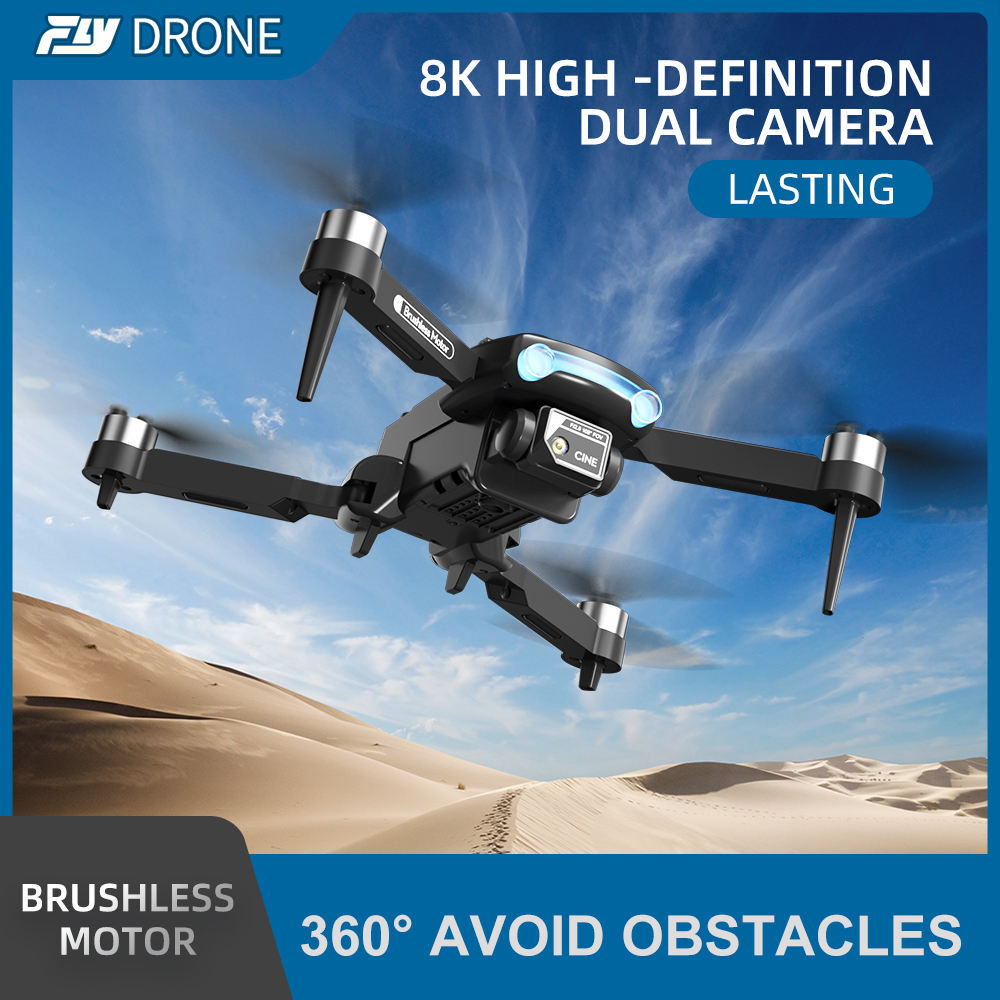 Drone with 8K high-definition dual camera in a desert setting, featuring text about features like brushless motor and obstacle avoidance.