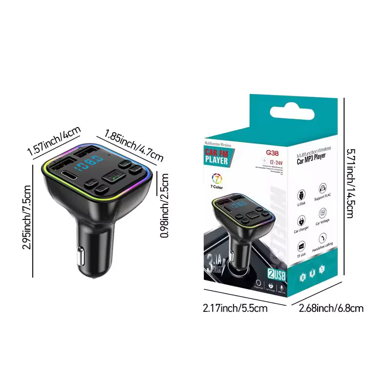 Car MP3 player with dimensions and packaging on a white background