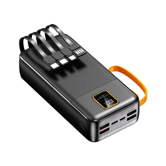 Black and gray power bank with multiple ports on a white background