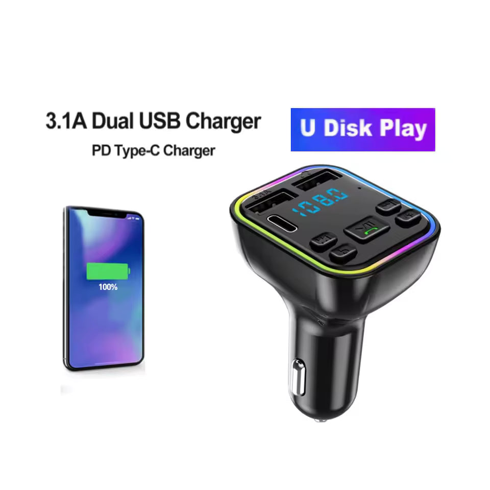 Car charger with multiple ports and digital display next to a smartphone showing battery charge.