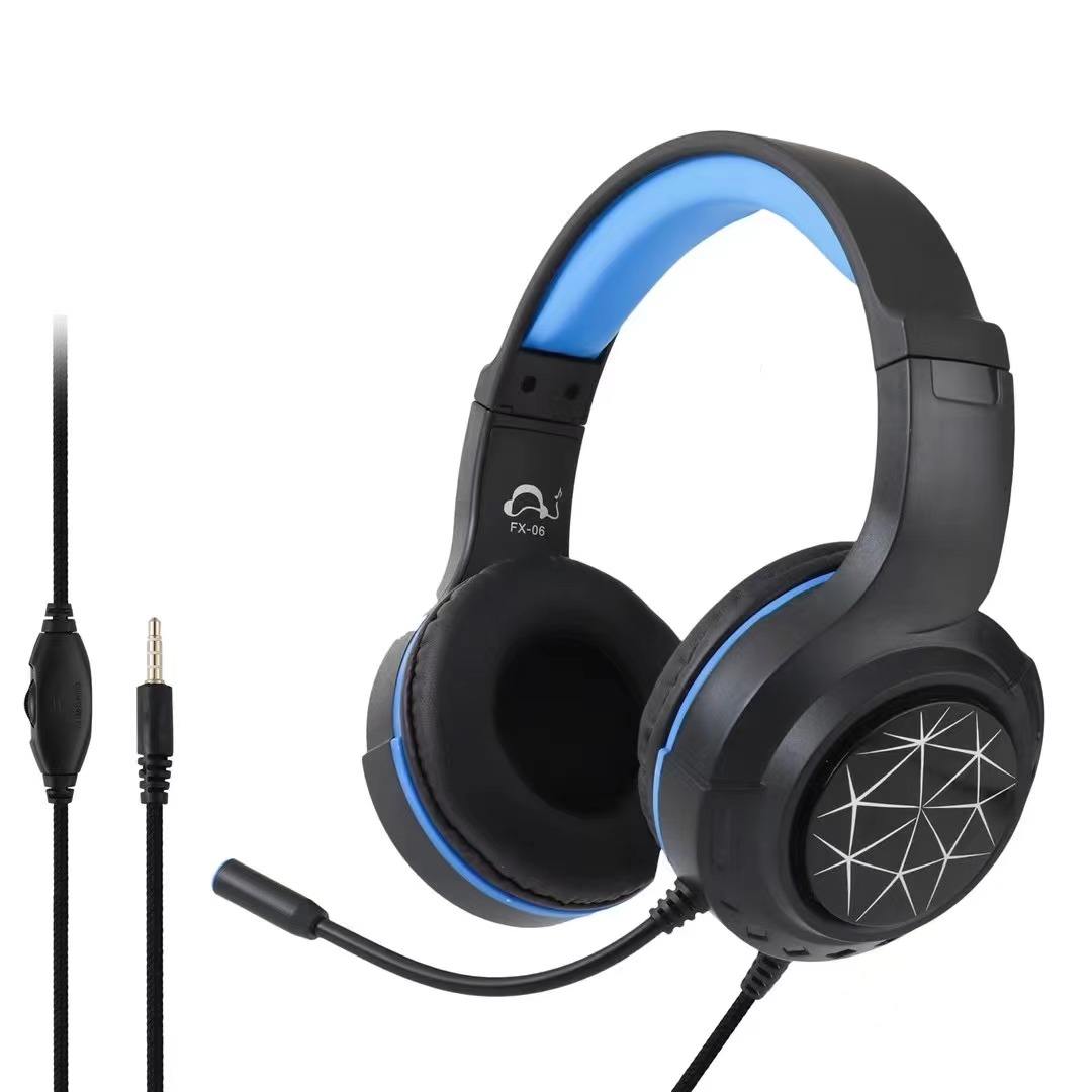 Black gaming headset with blue accents on a white background