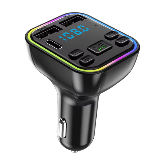 Black car charger with digital display on a white background